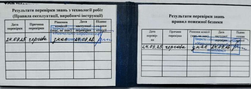 посвідчення про перевірку знань з охорони праці і технології робіт